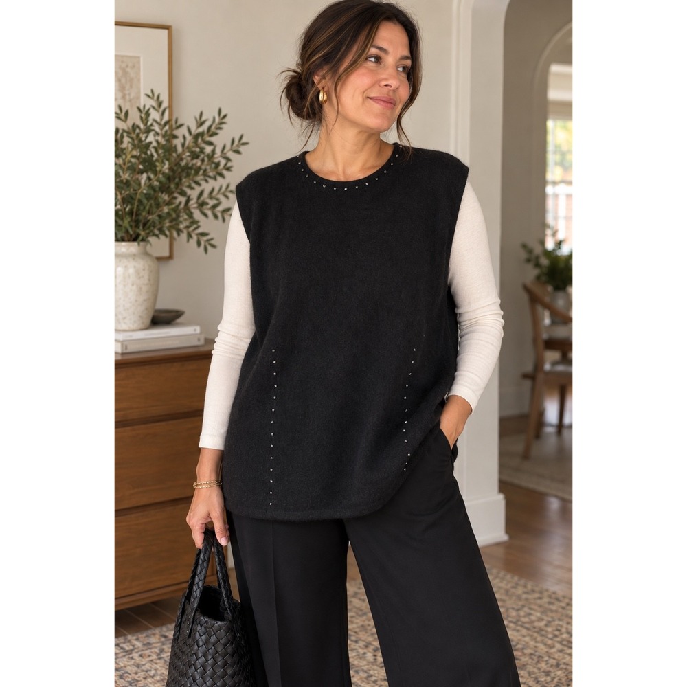 Lands' End Sleeveless Studded Knit Top Vest Women's Black Cashmere XL 18-20